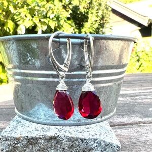 Sterling Silver Ruby Earrings Wire Wrapped , July Birthstone , 40th Anniversary